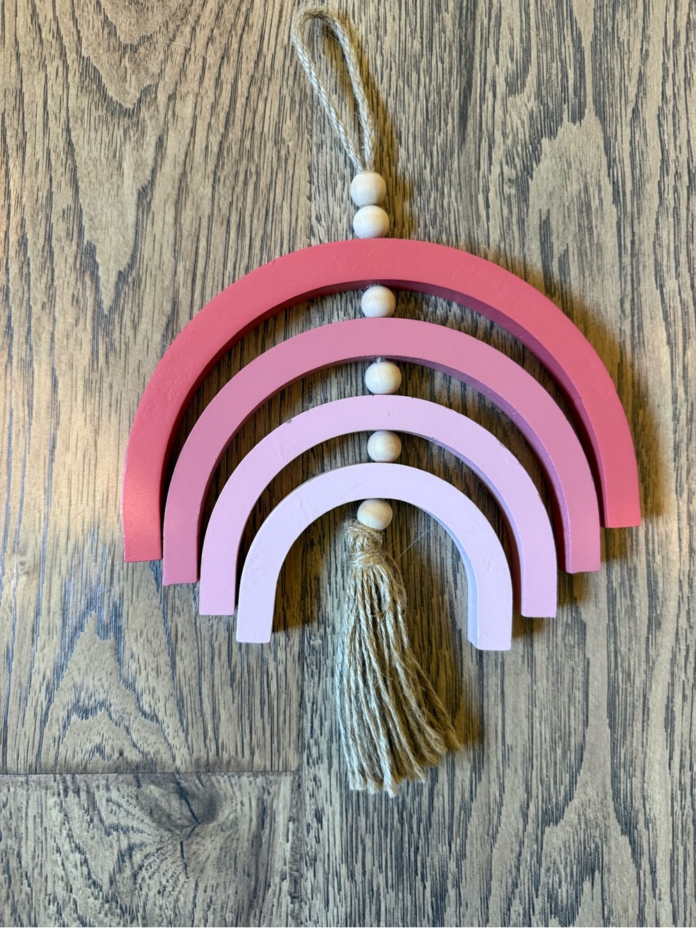 Wooden Rainbow Hanging Decoration With Four different shades of pink